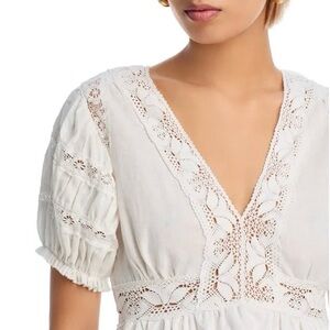 AQUA NWT White Lacey V-Neck Prairie Blouse Puff Sleeve Ruffle Woman Size XS